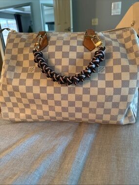 Louis Vuitton Damier Azur Satchel with Navy and Pink Braided Handle